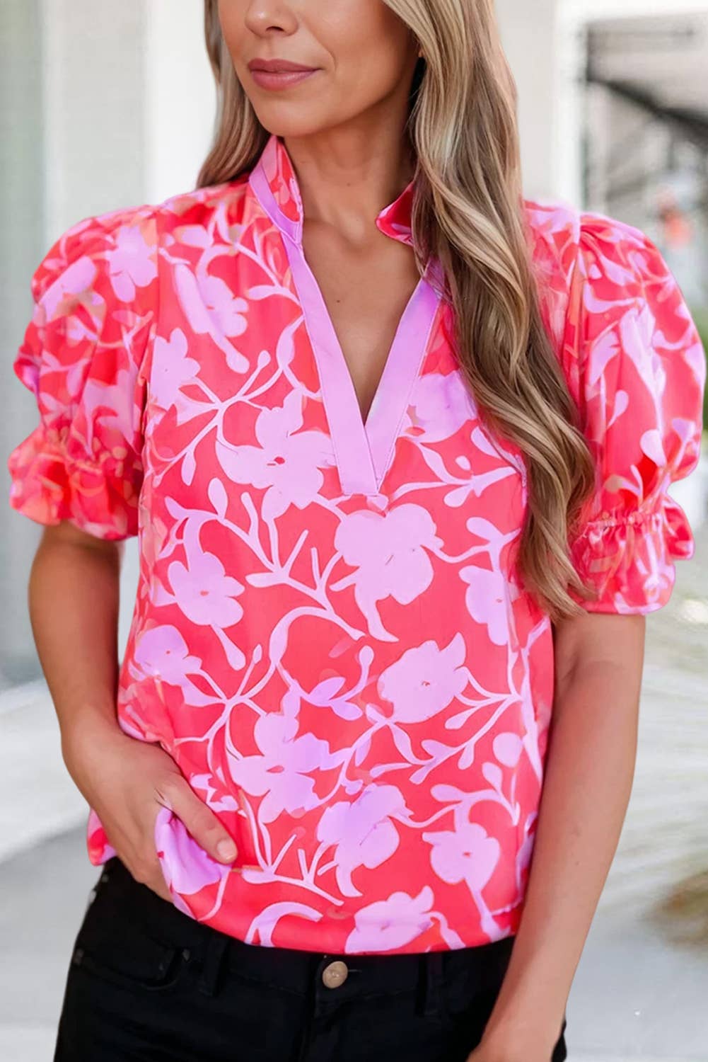 Floral Split V Neck Ruffled Top