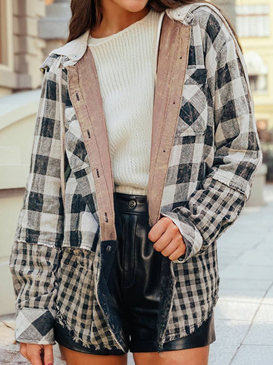Double Plaid Patchwork Drawstring Hooded Shacket