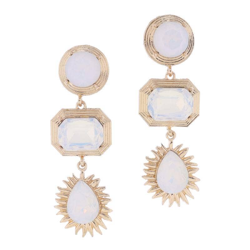 Moonstone, Cut Corner Rectangle, Teardrop Crystals Earrings
