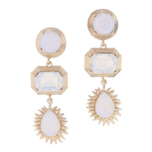 Moonstone, Cut Corner Rectangle, Teardrop Crystals Earrings