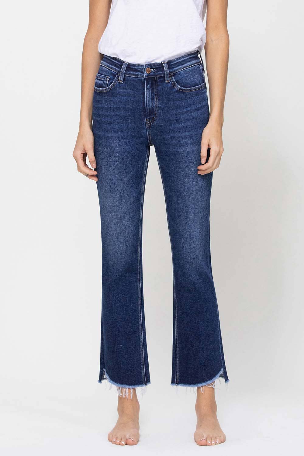 HIGH RISE RAW STEP HEM CROP MINI FLARE JEANS F4389