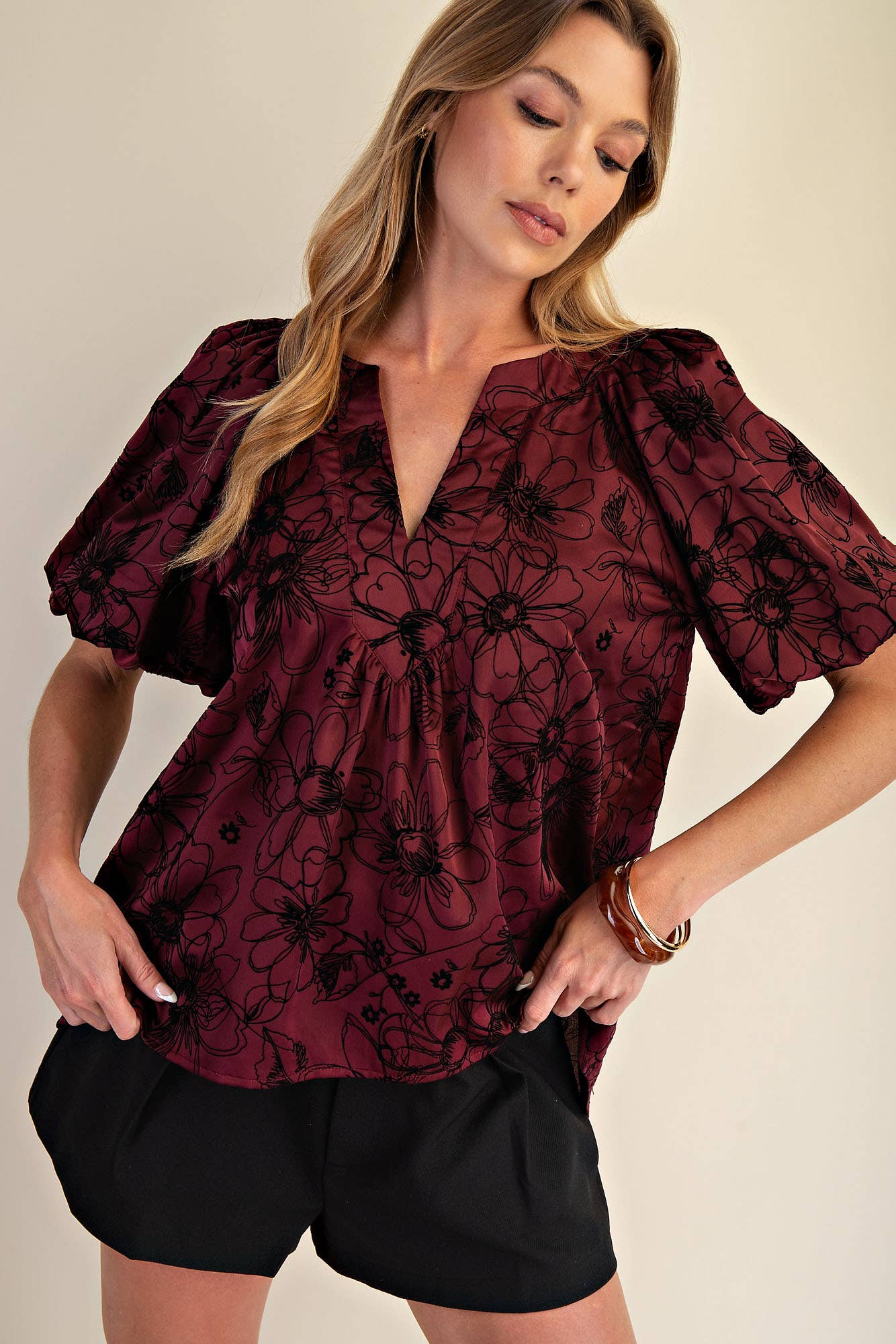 V-Neck Stitch Placket Puff Sleeve Top