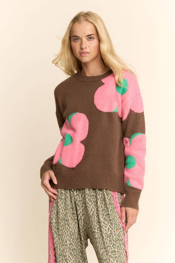 FLORAL ROUND NECK LONG SLEEVE LOOSE FIT SWEATER