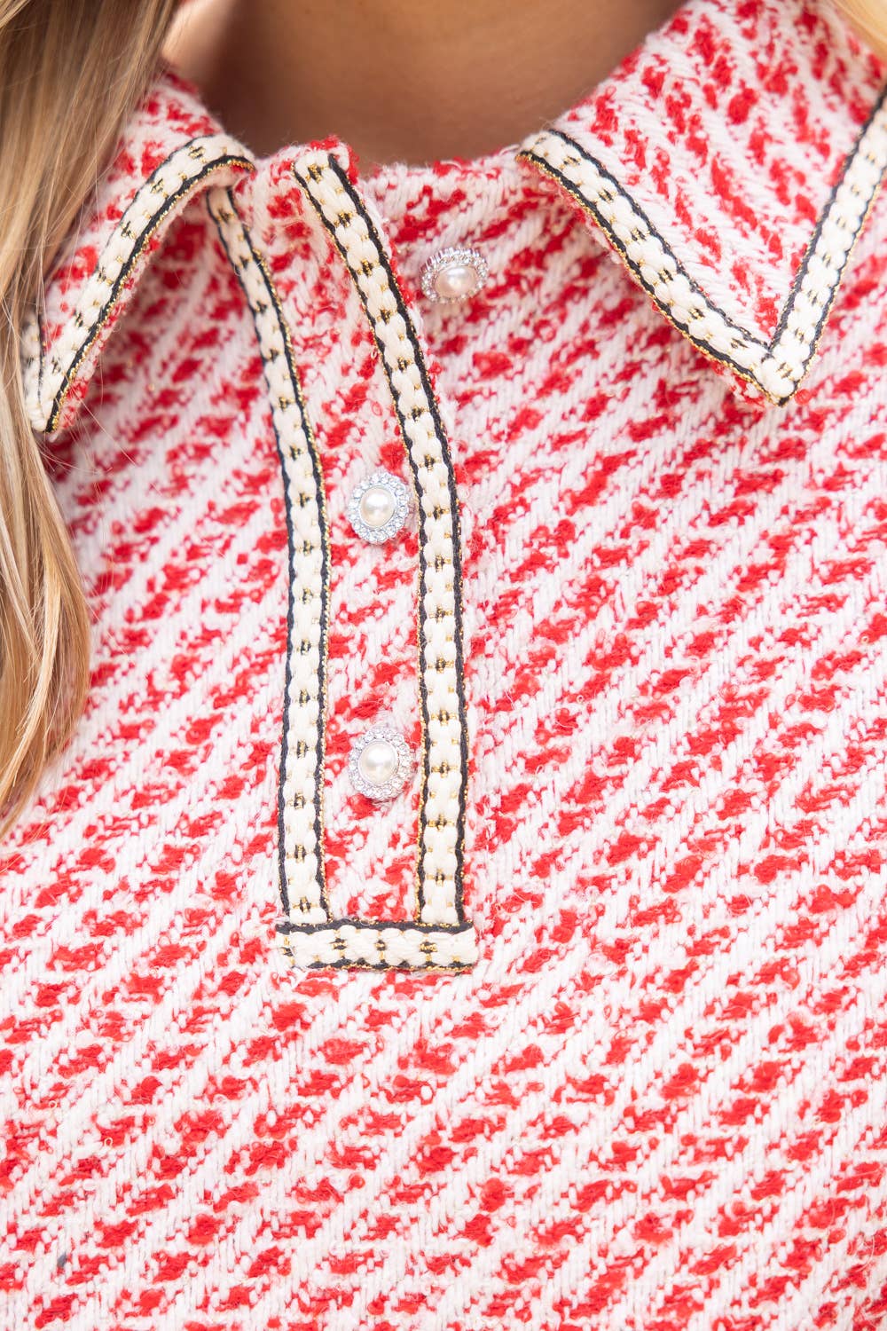 36950 Pearl Quarter Button Collared Tweed Top