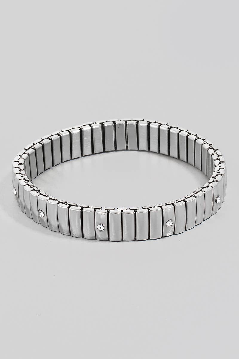 Stainless Steel Rhinestone Station Studded Intricate Elastic Bracelet