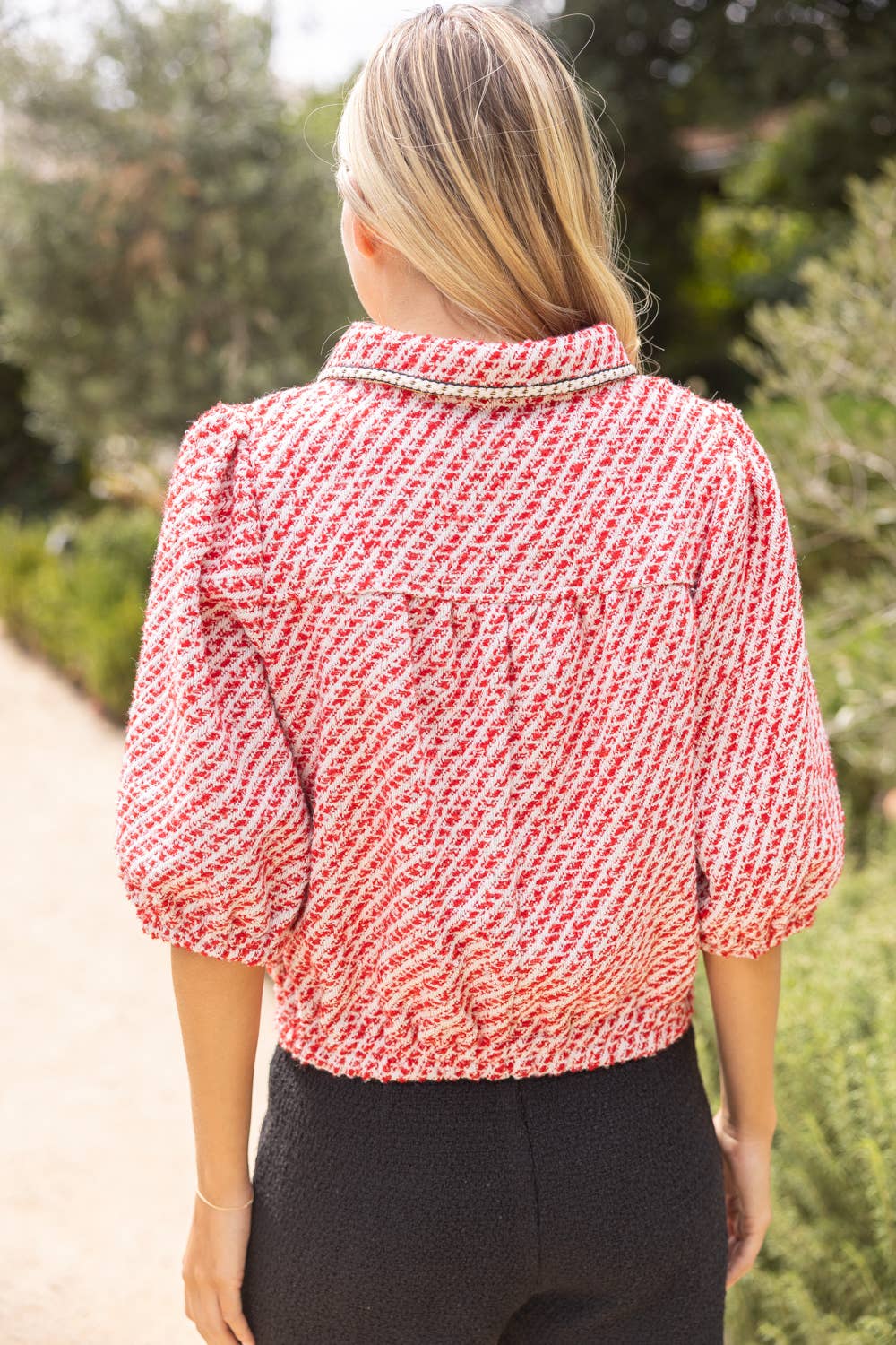 36950 Pearl Quarter Button Collared Tweed Top