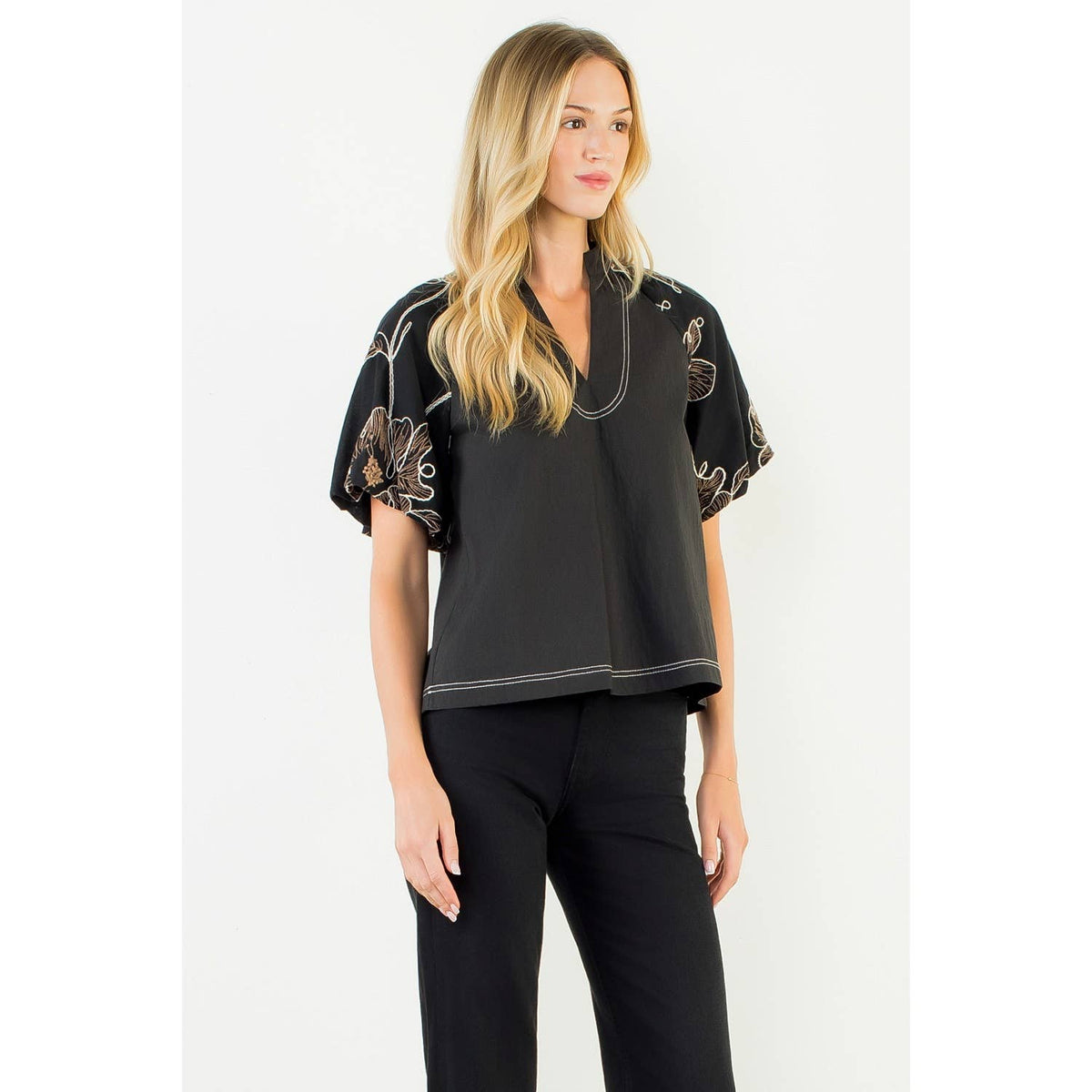 Puff Sleeve With Embroidery Detail Top