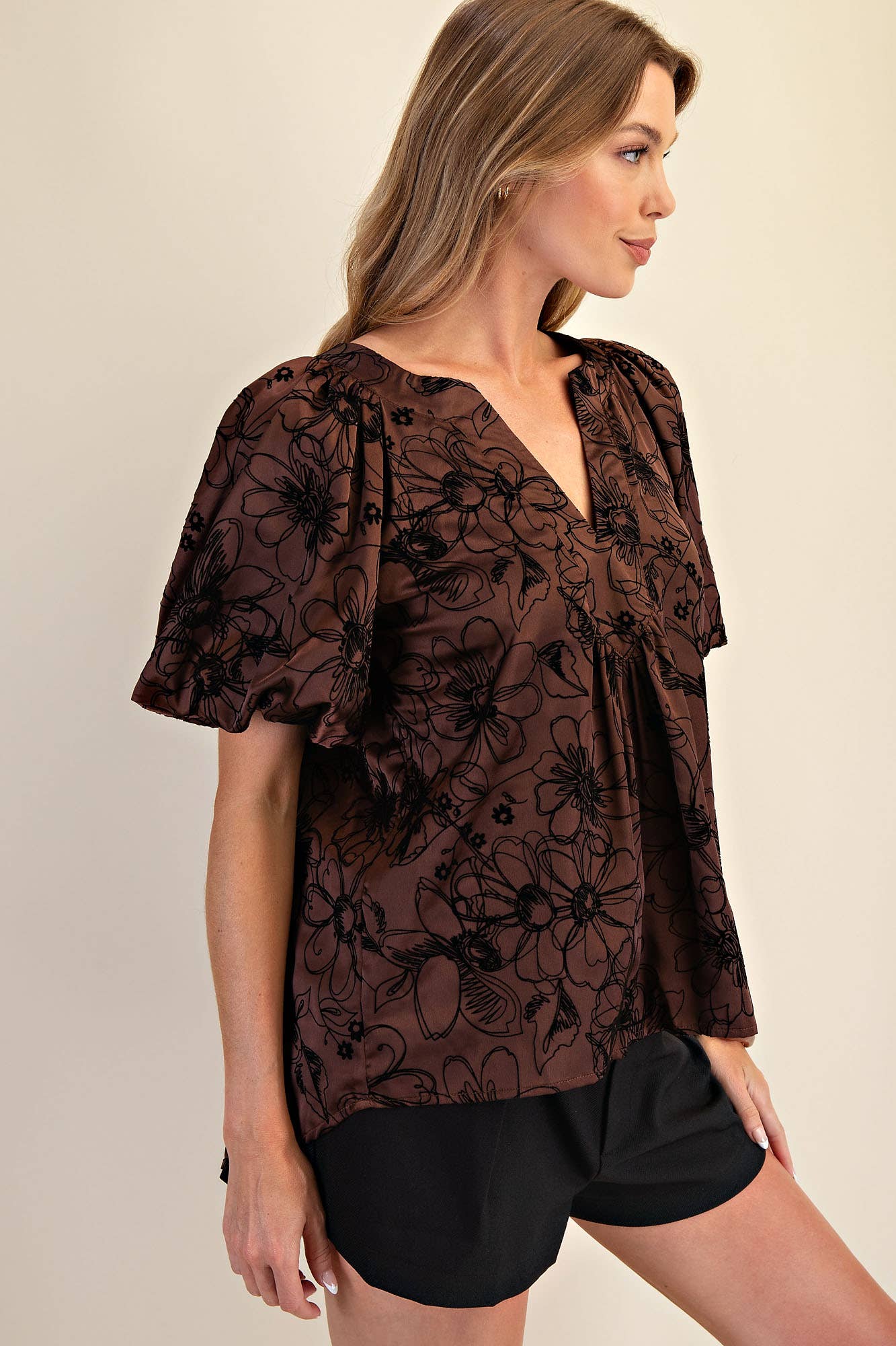 V-Neck Stitch Placket Puff Sleeve Top