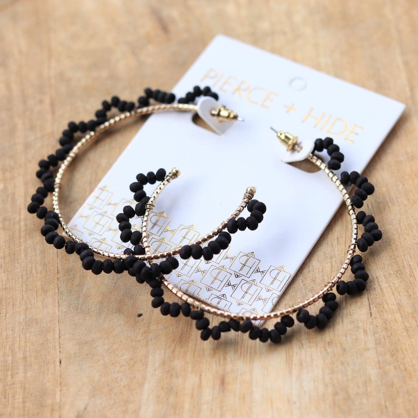 Pierce+Hide Black Wood Beaded Hoop Earrings