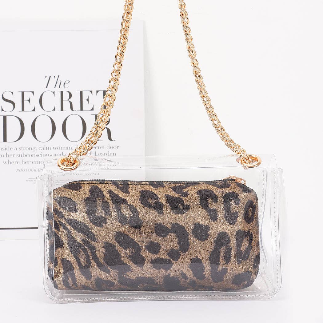 Transparent Chain Bag with Leopard Pouch