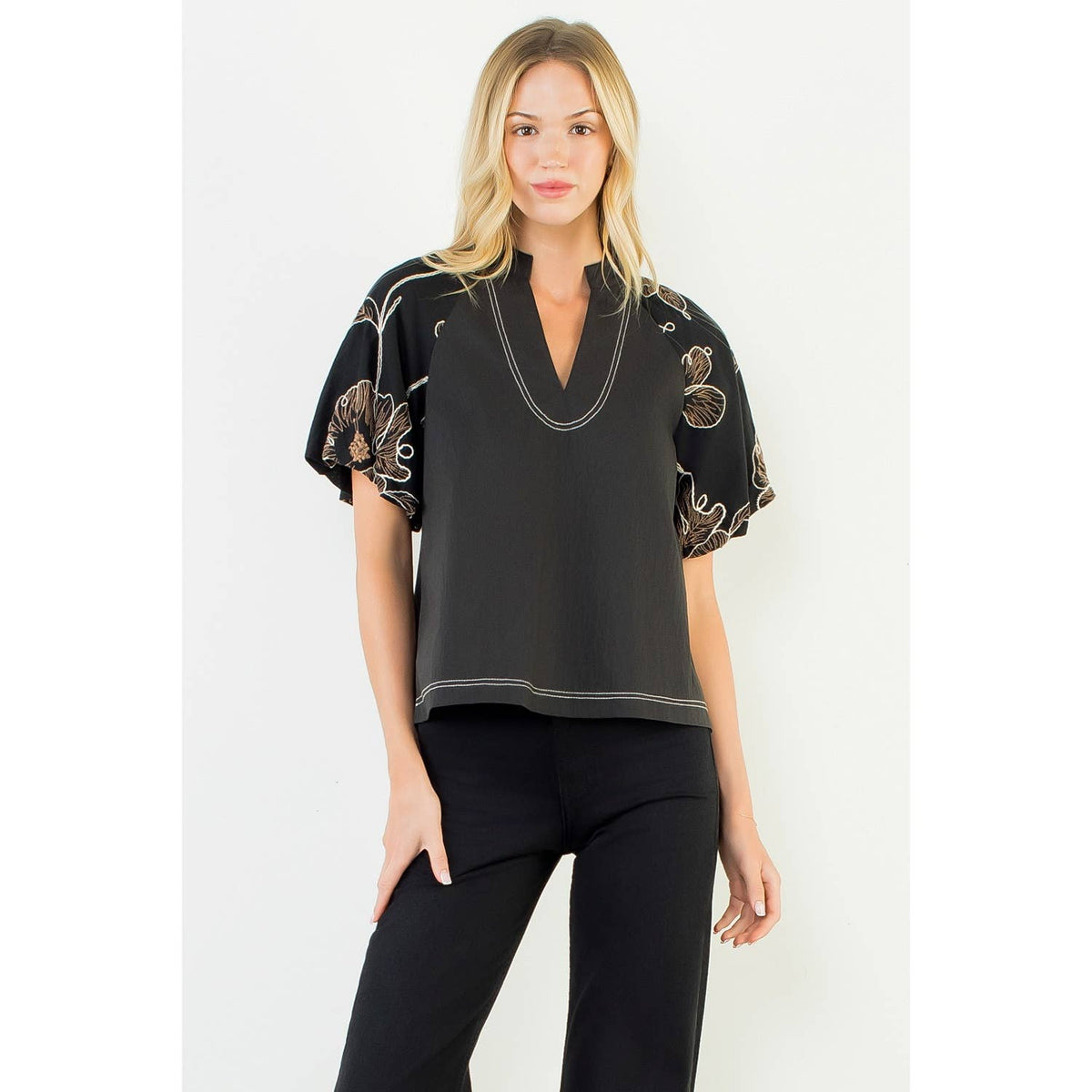 Puff Sleeve With Embroidery Detail Top