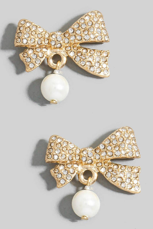 Rhinestone Pave Ribbon Bow Pearl Charm Stud Earrings
