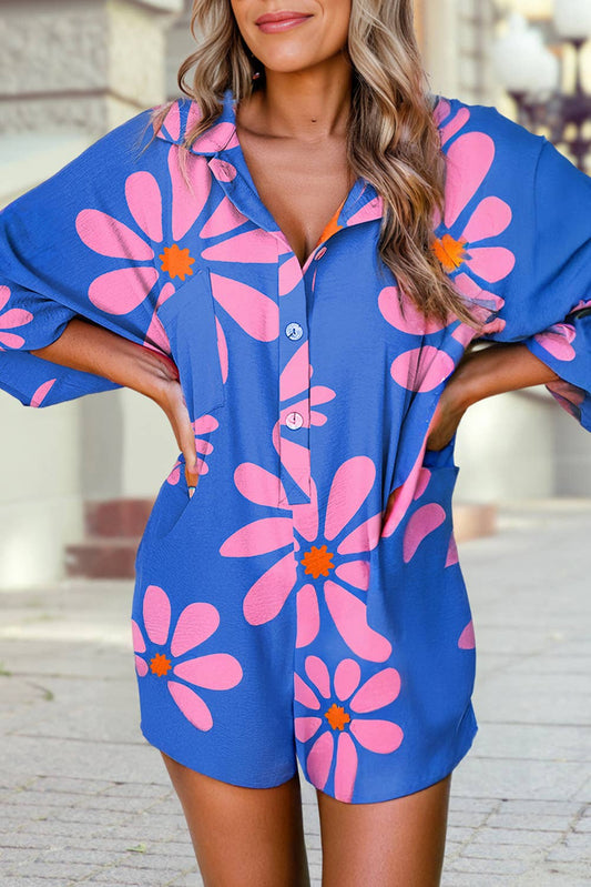 Summer Flower Print Shirt Collar Button Front Loose Romper