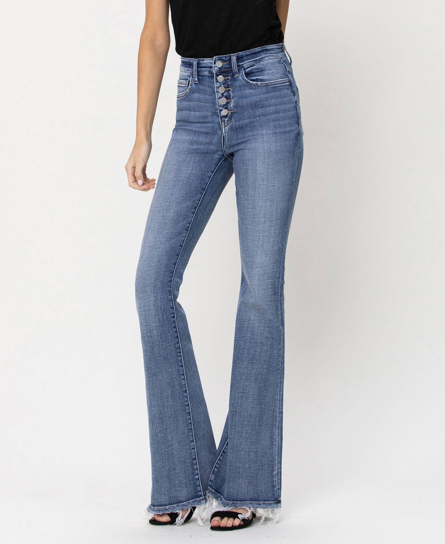 HIGH RISE BUTTON FLY FLARE JEANS F4318