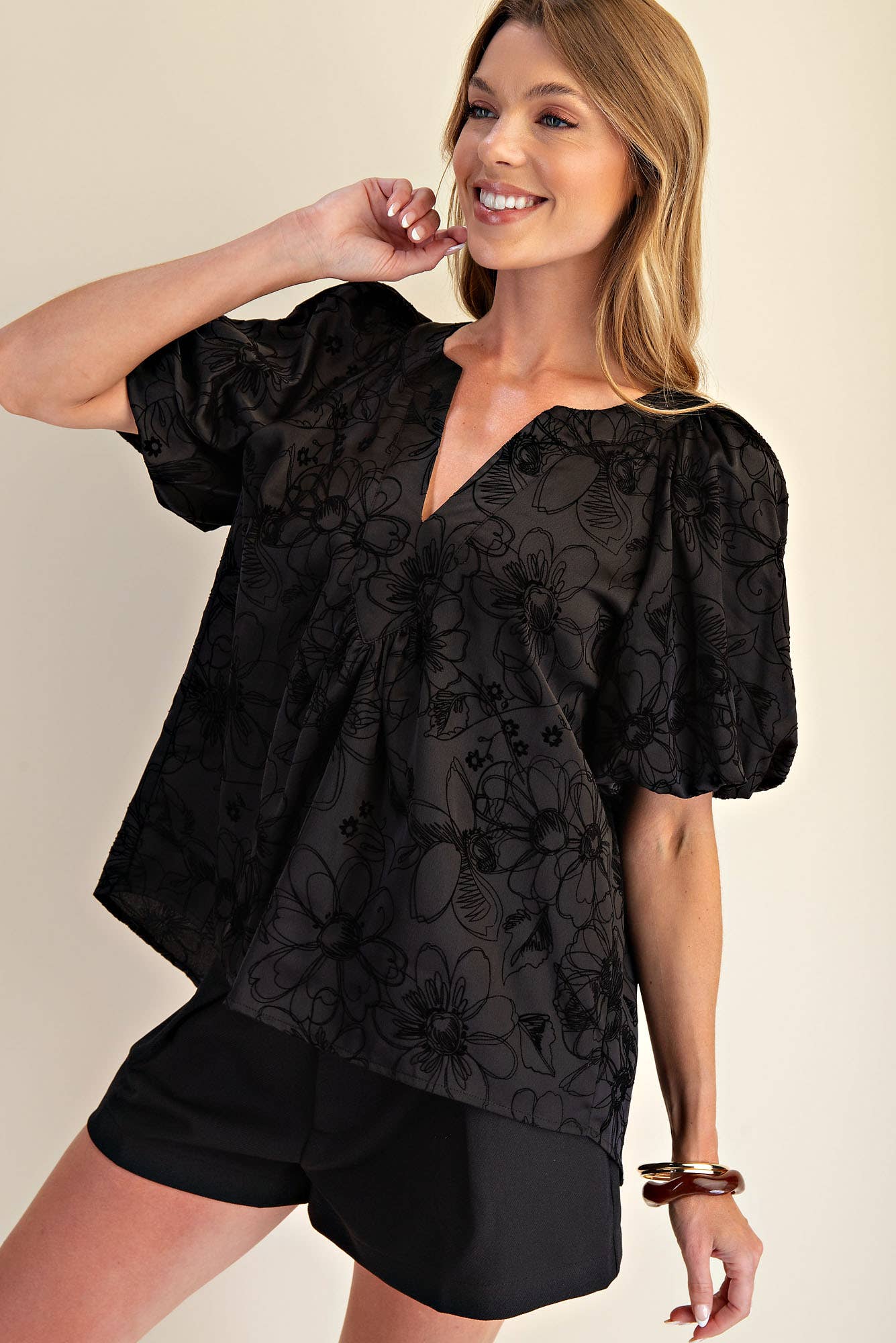V-Neck Stitch Placket Puff Sleeve Top