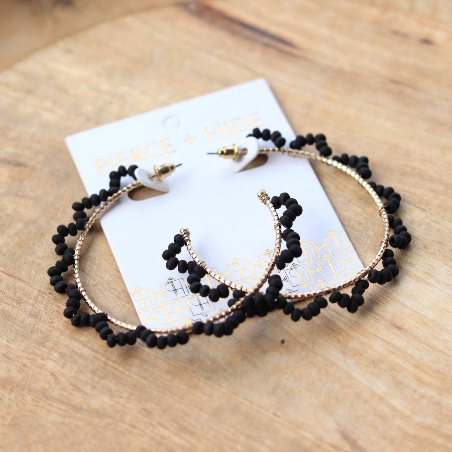 Pierce+Hide Black Wood Beaded Hoop Earrings