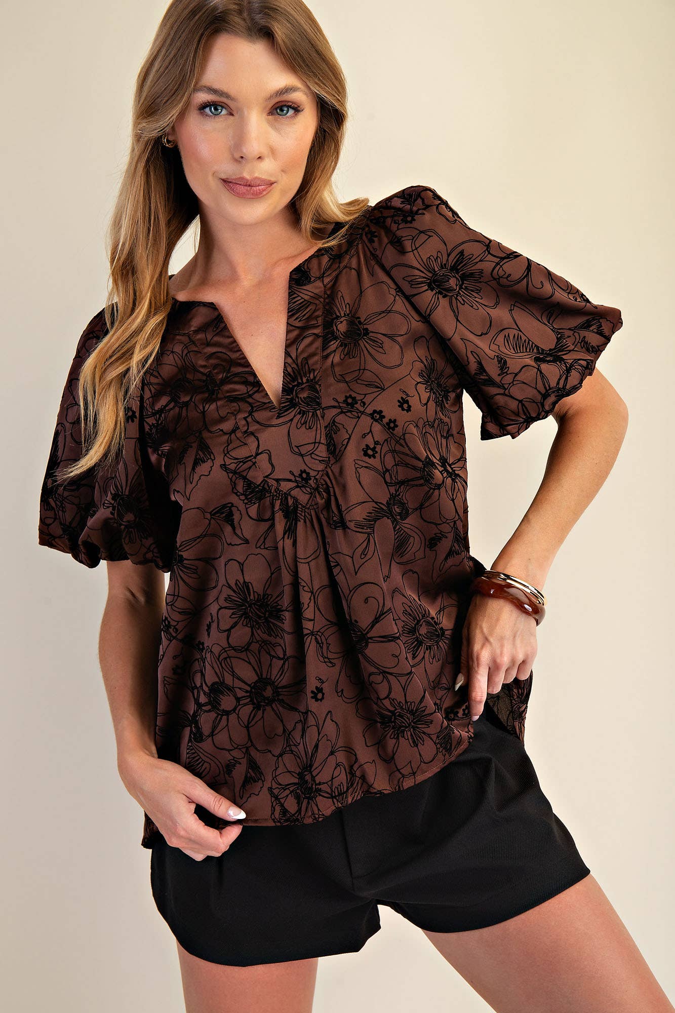V-Neck Stitch Placket Puff Sleeve Top