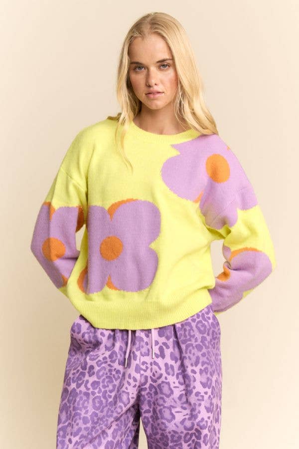 FLORAL ROUND NECK LONG SLEEVE LOOSE FIT SWEATER