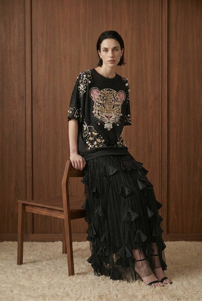 Embellished Leopard Motif Oversized T-Shirt