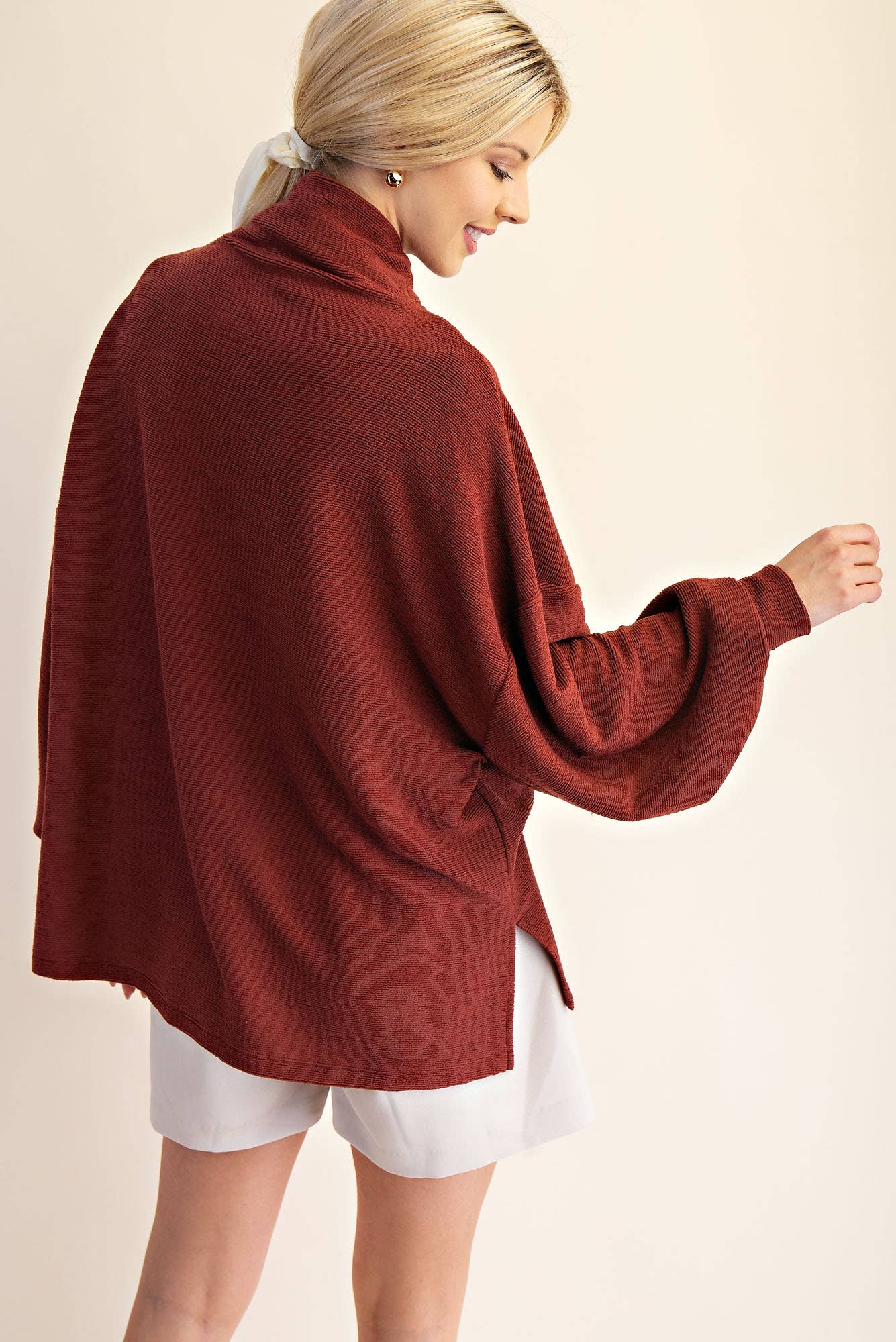 Mock Neck Balloon Sleeve Knit Top