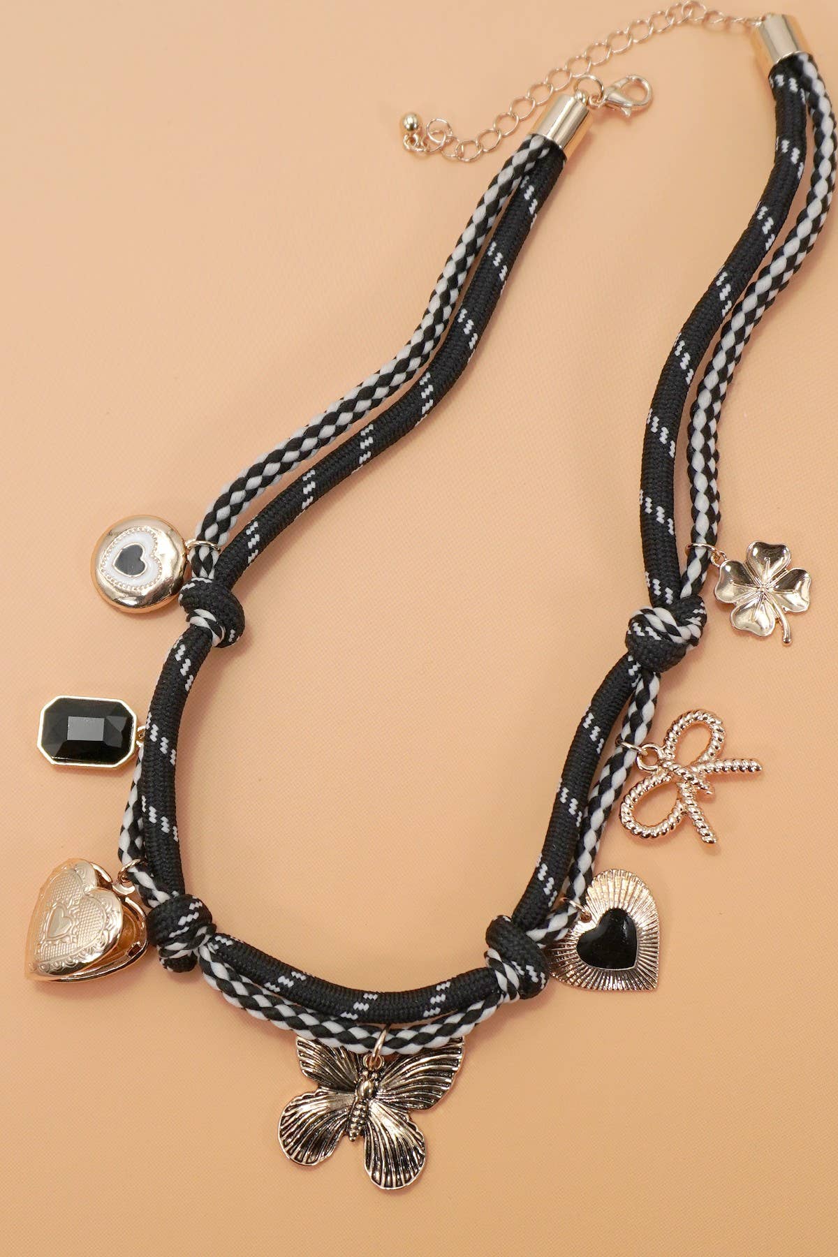 DOUBLE CORD CHARM NECKLACE - HEART LOCKET CLOVER | 80N92317