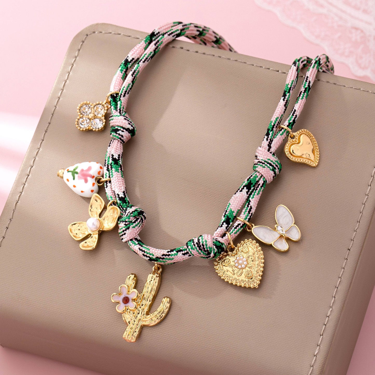 Pink Cord Charm Necklace - Bohemian Multi-Charm | 80N92743