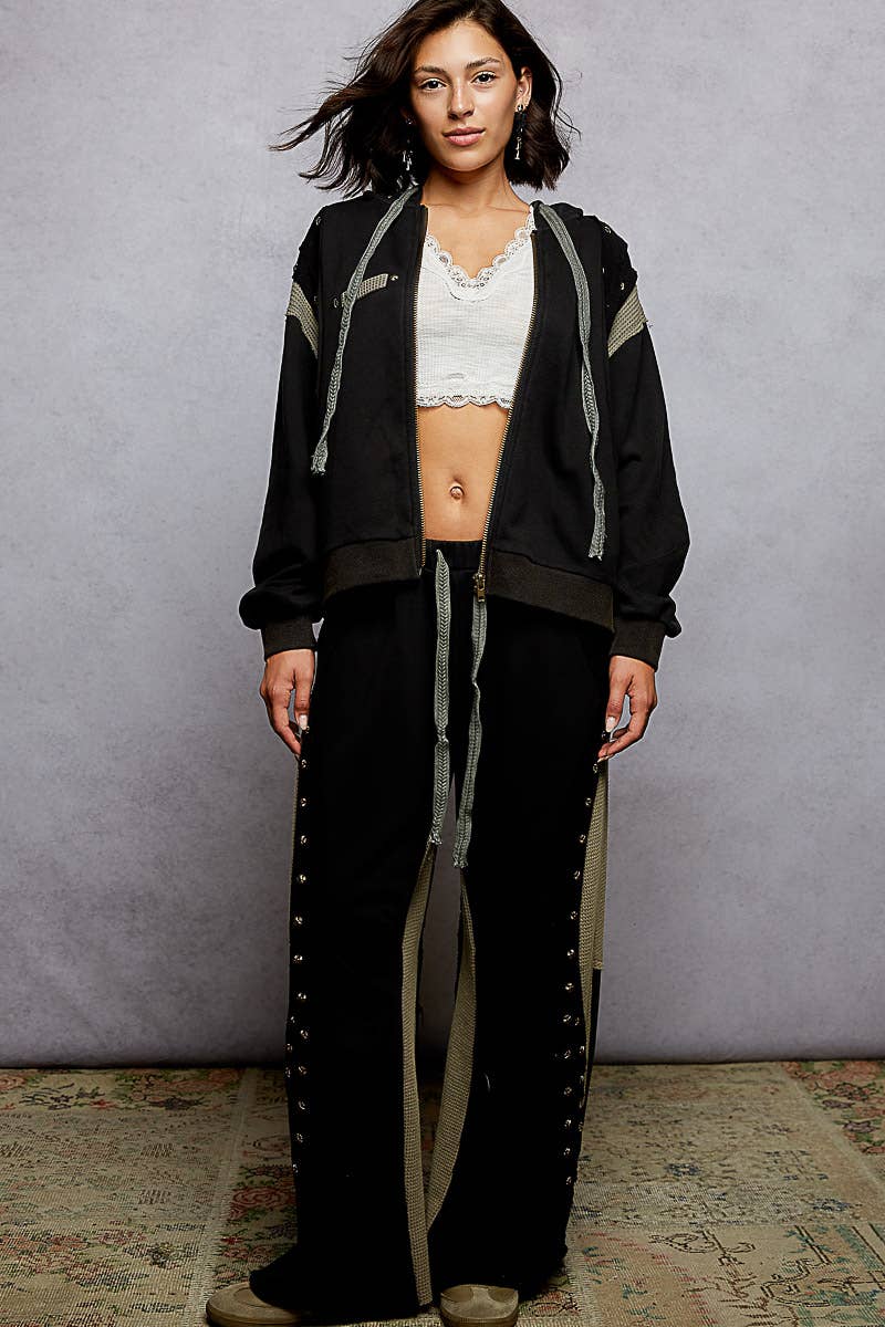 Solid pattern French terry stud detail wide fit knit pants