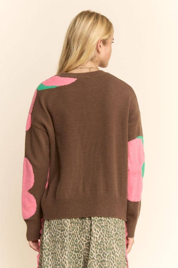 FLORAL ROUND NECK LONG SLEEVE LOOSE FIT SWEATER