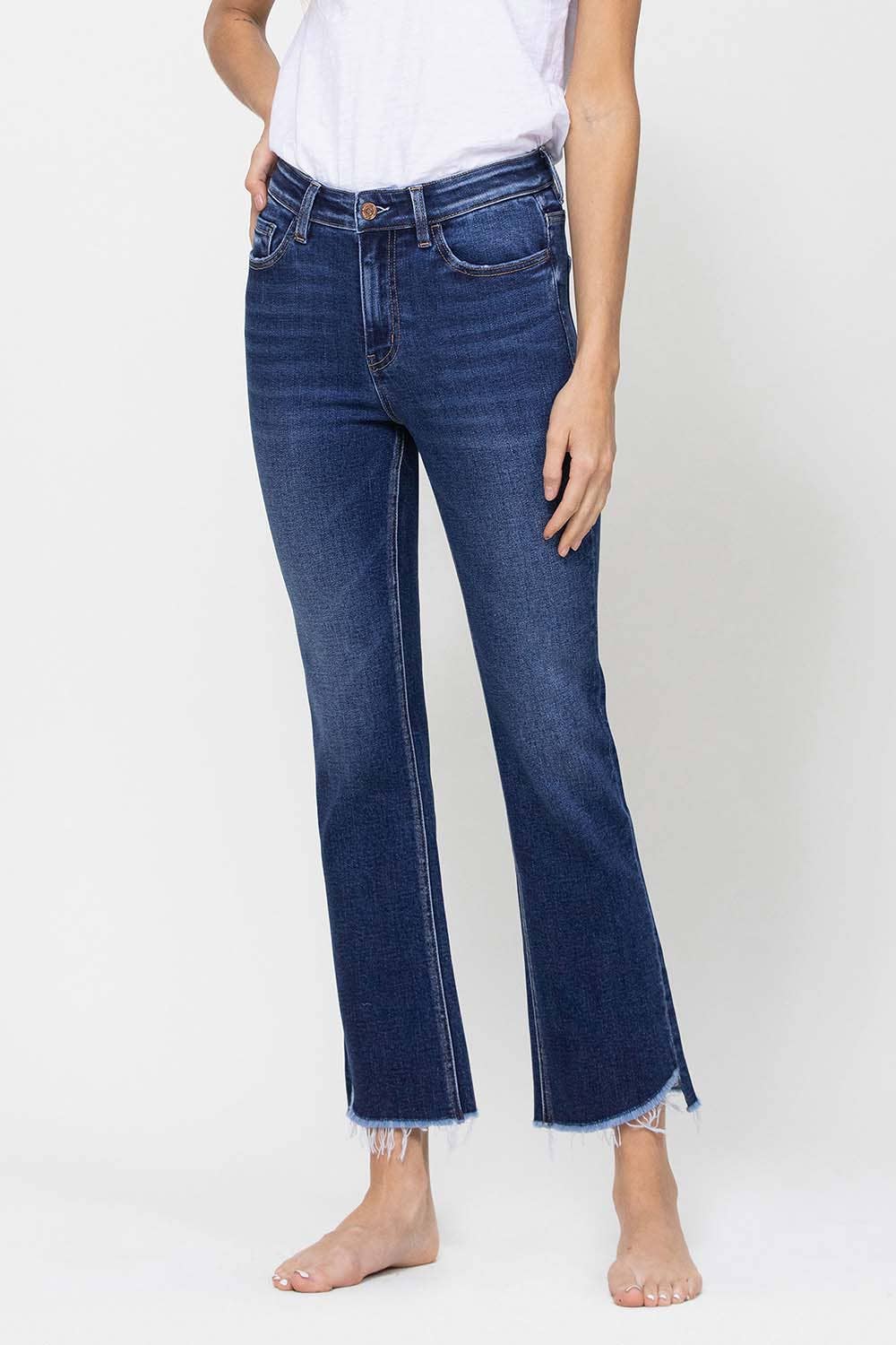 HIGH RISE RAW STEP HEM CROP MINI FLARE JEANS F4389