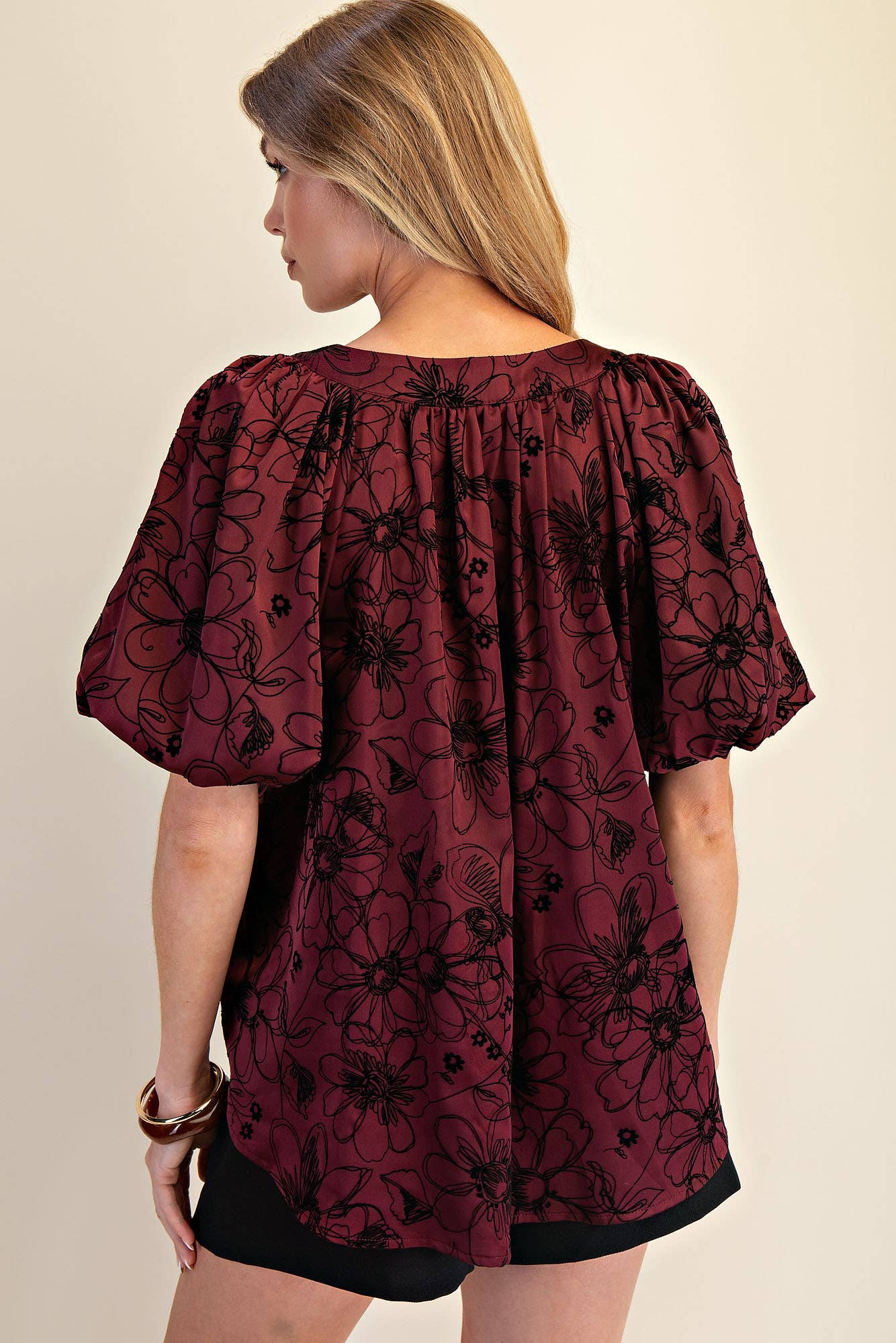 V-Neck Stitch Placket Puff Sleeve Top