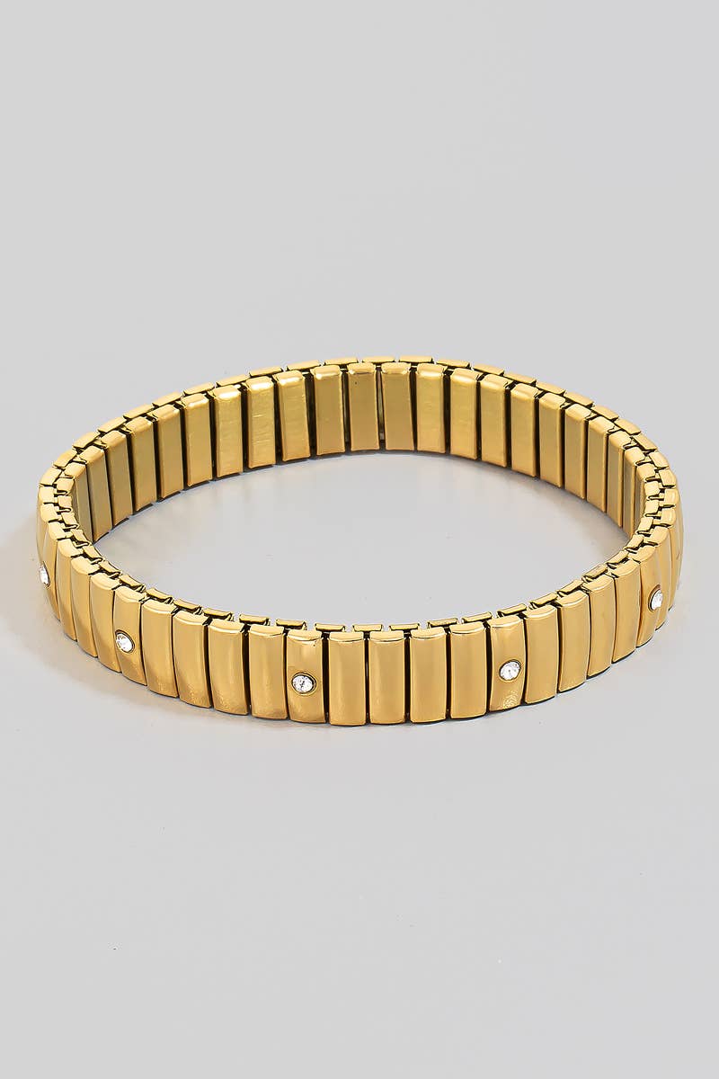 Stainless Steel Rhinestone Station Studded Intricate Elastic Bracelet