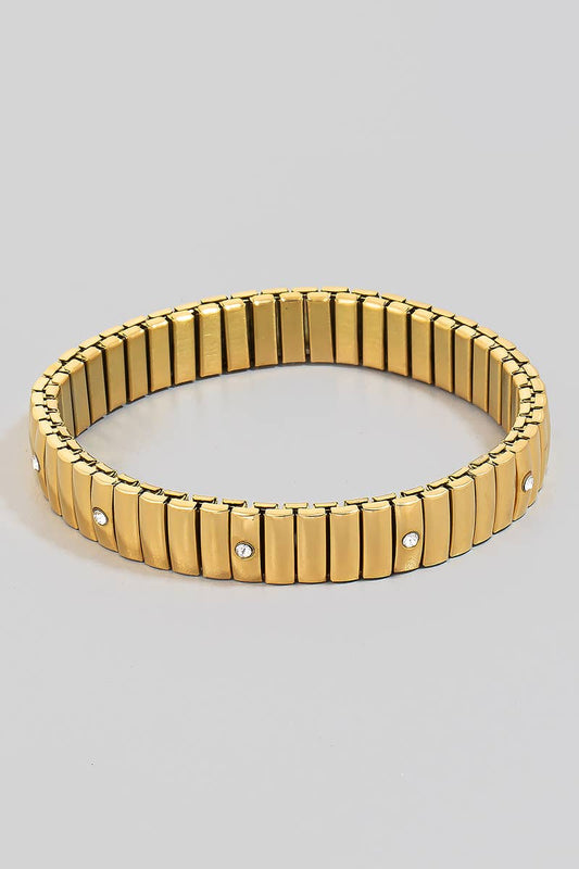 Stainless Steel Rhinestone Station Studded Intricate Elastic Bracelet