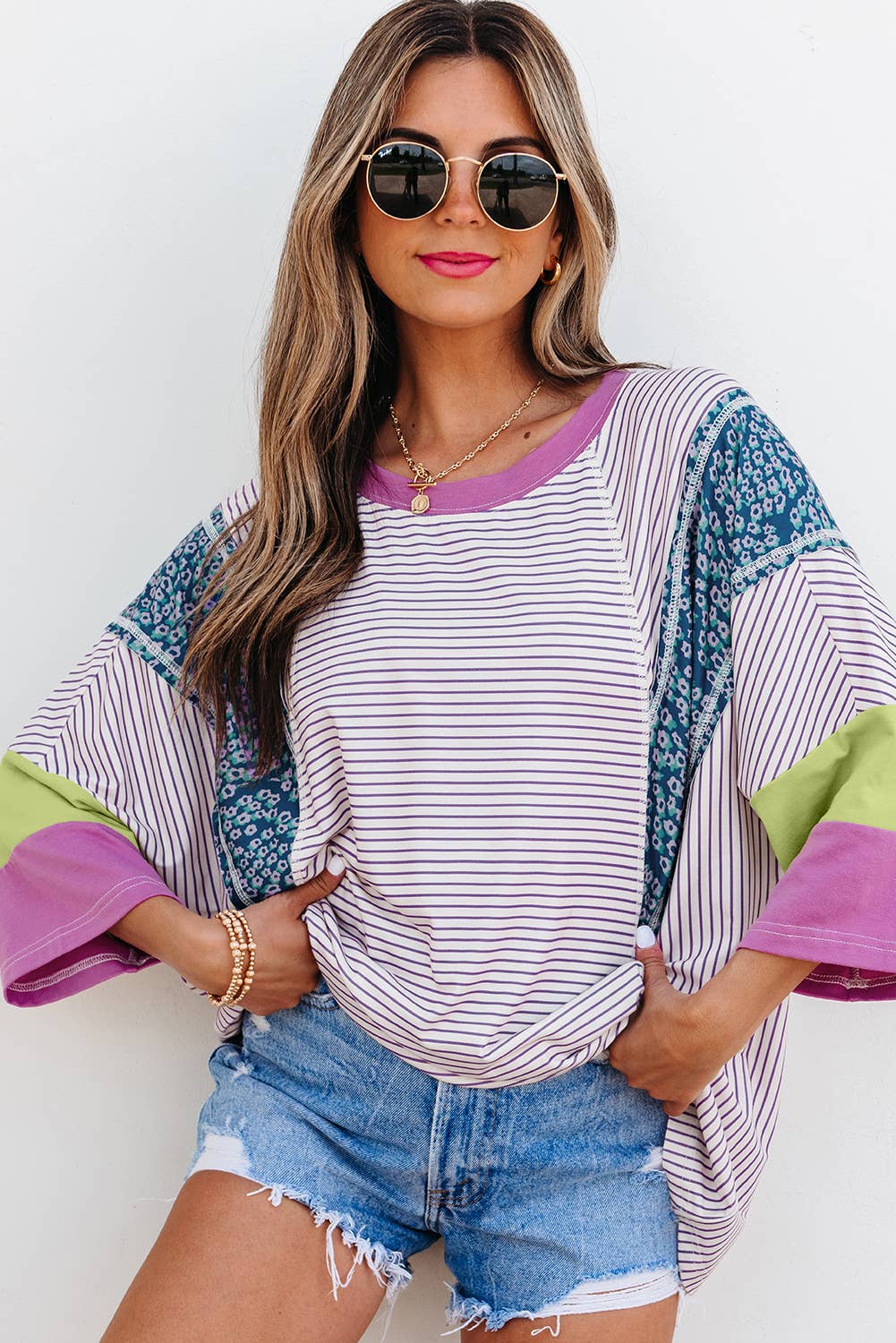 Stripe Floral Raw Edge Patchwork Top