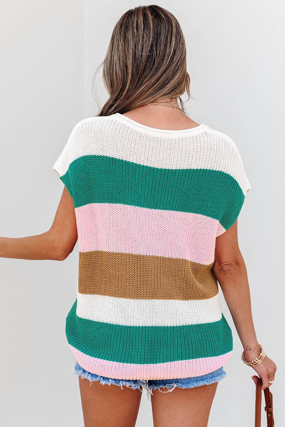Color Block Notch V Neck Sweater