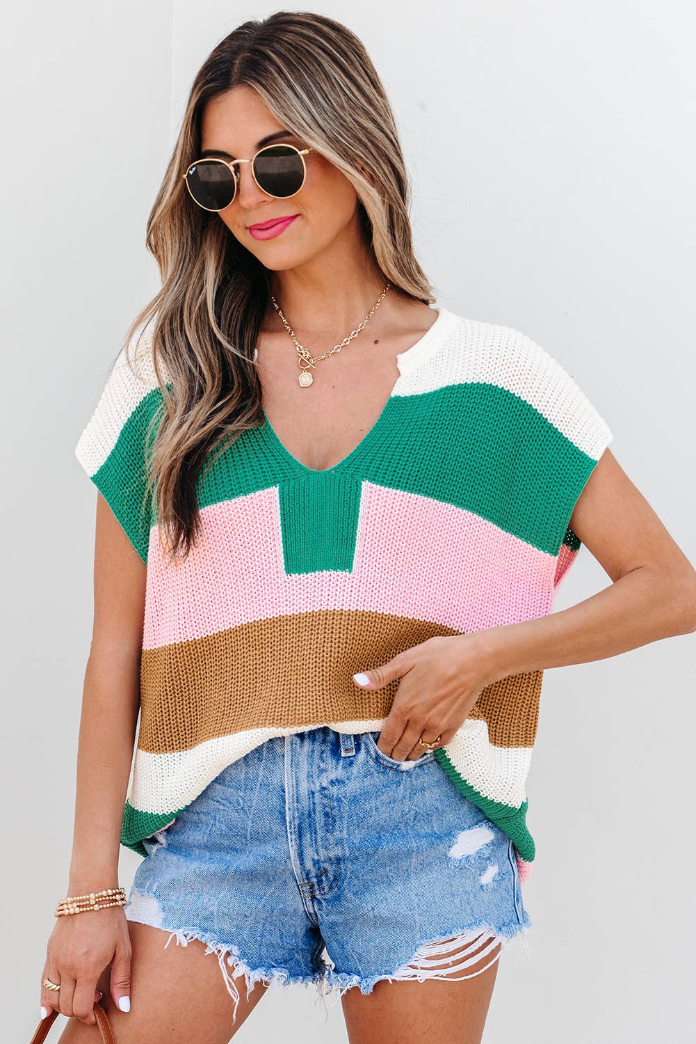 Color Block Notch V Neck Sweater