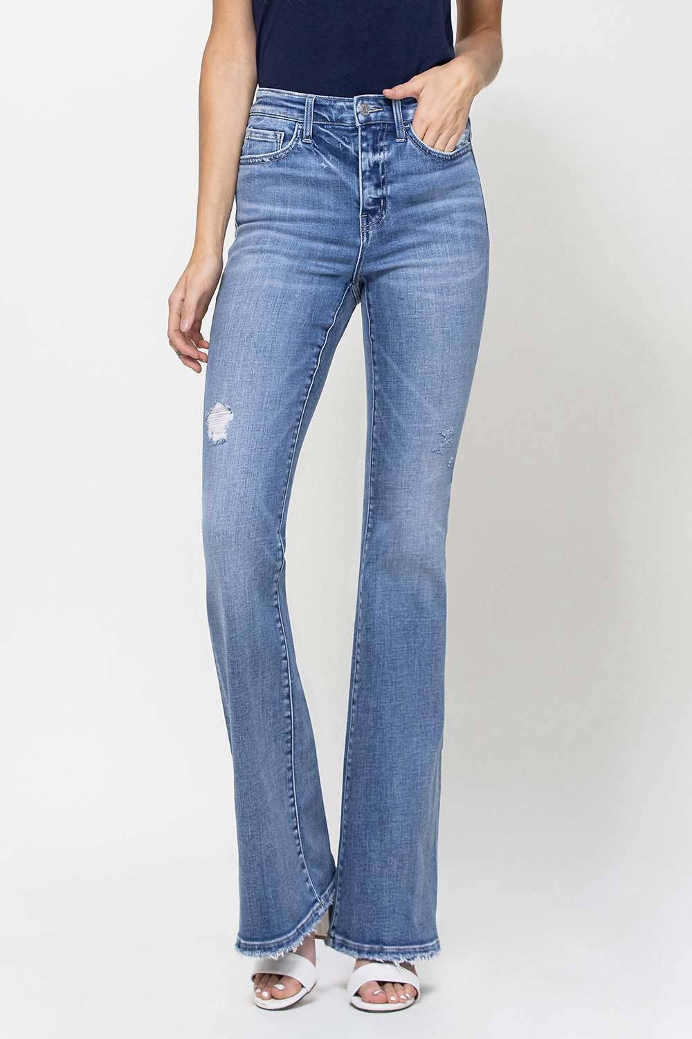 HIGH RISE DISTRESSED FLARE JEANS F4217
