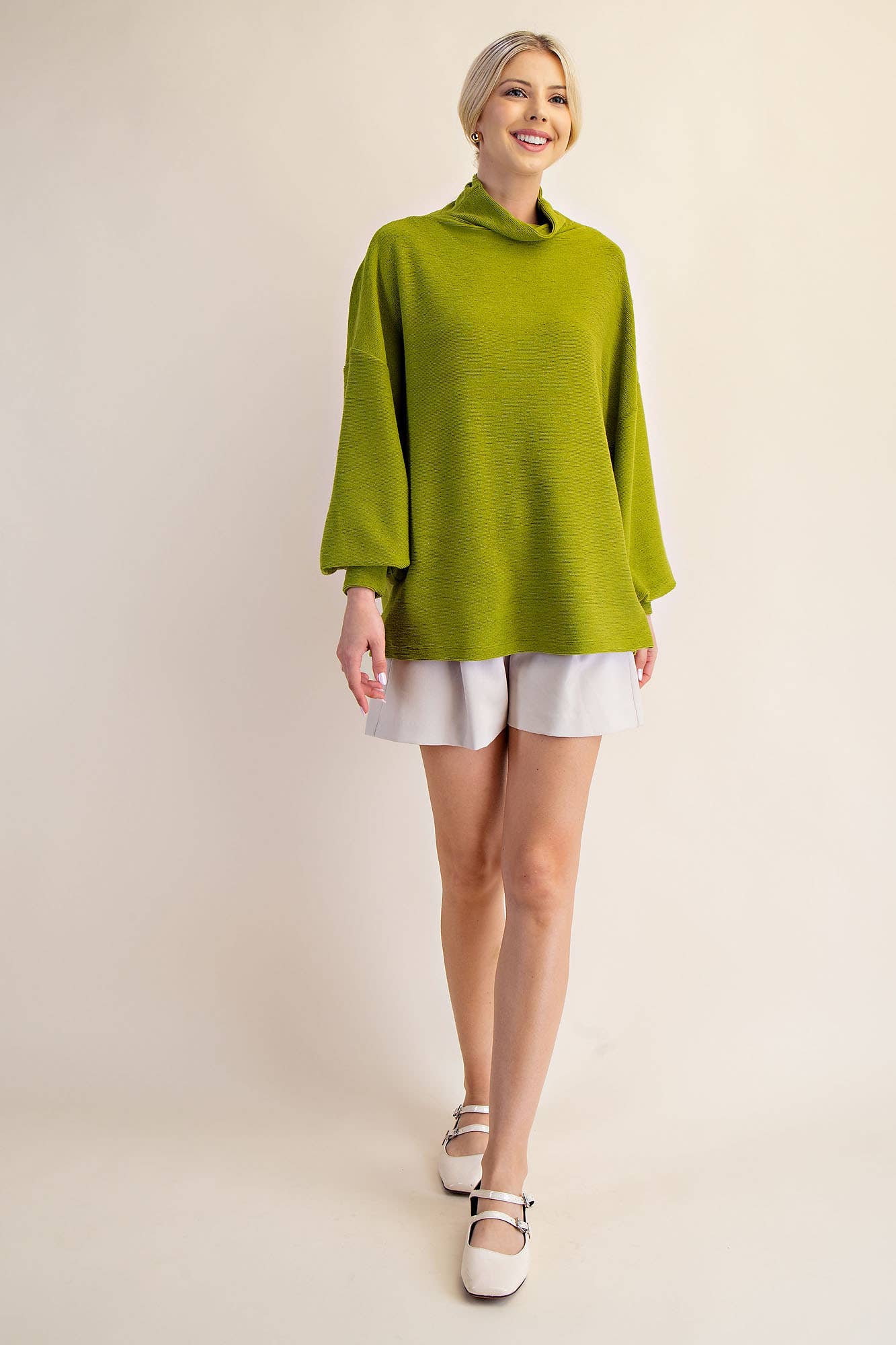 Mock Neck Balloon Sleeve Knit Top