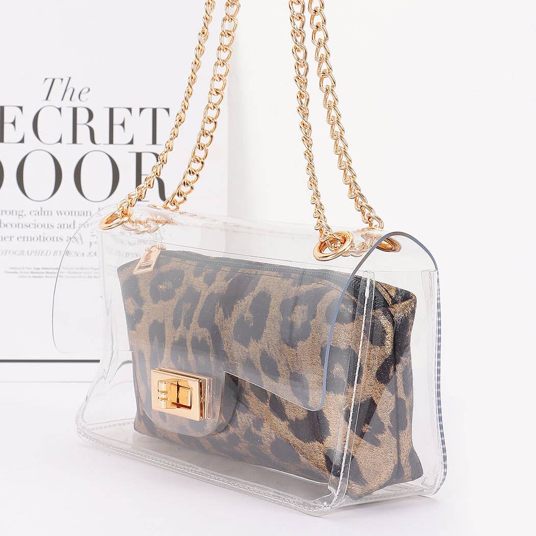 Transparent Chain Bag with Leopard Pouch