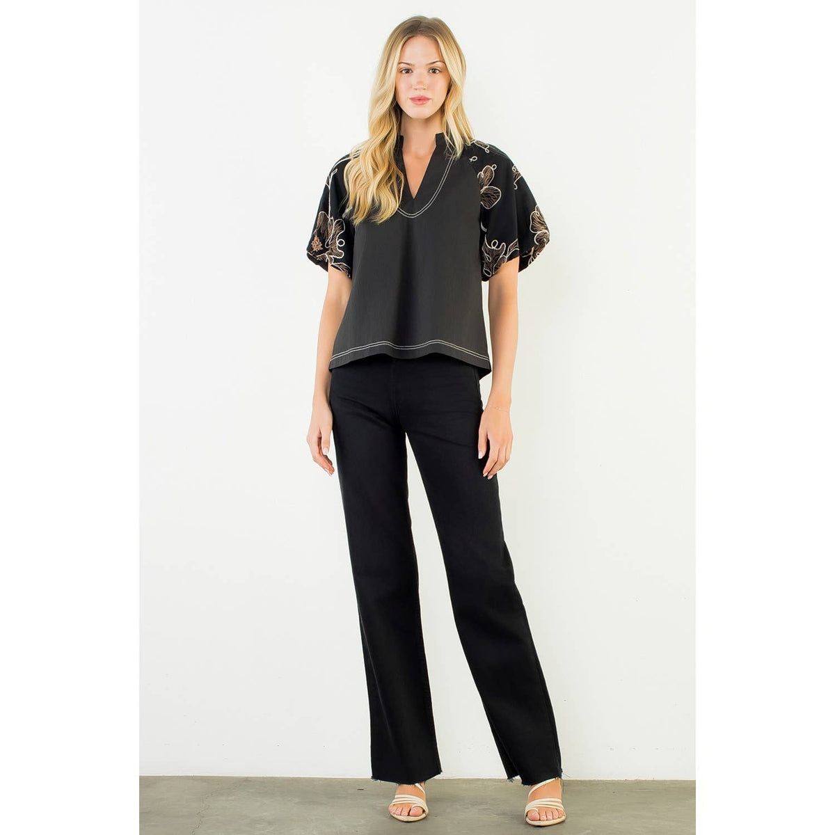 Puff Sleeve With Embroidery Detail Top