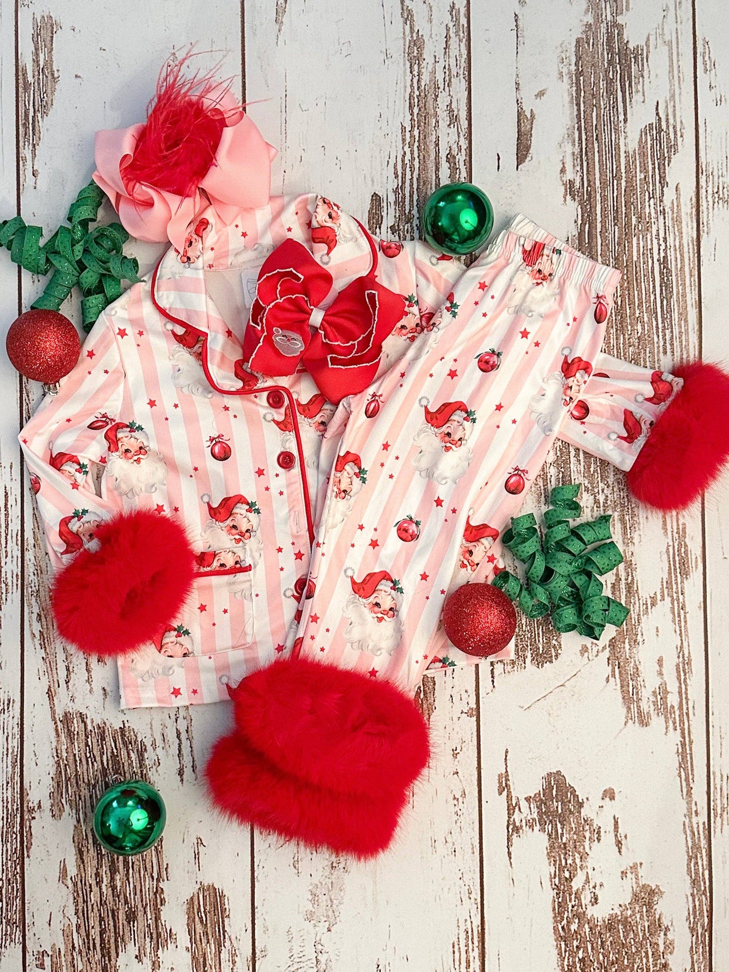 Mommy & Me Santa & Stripes Fuzzy Trim PJ's
