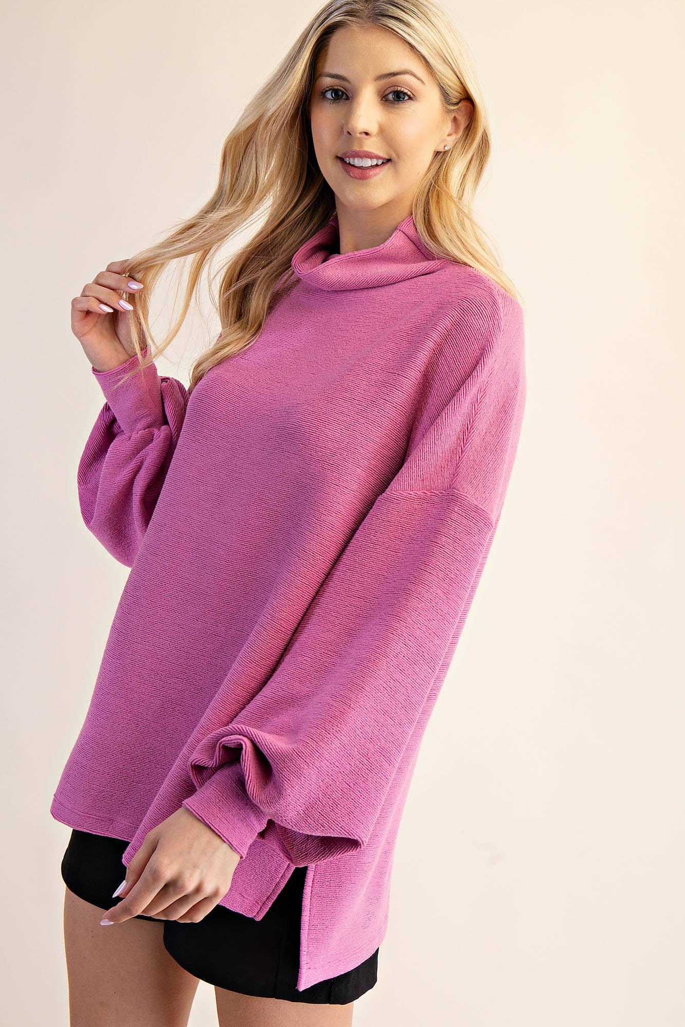 Mock Neck Balloon Sleeve Knit Top