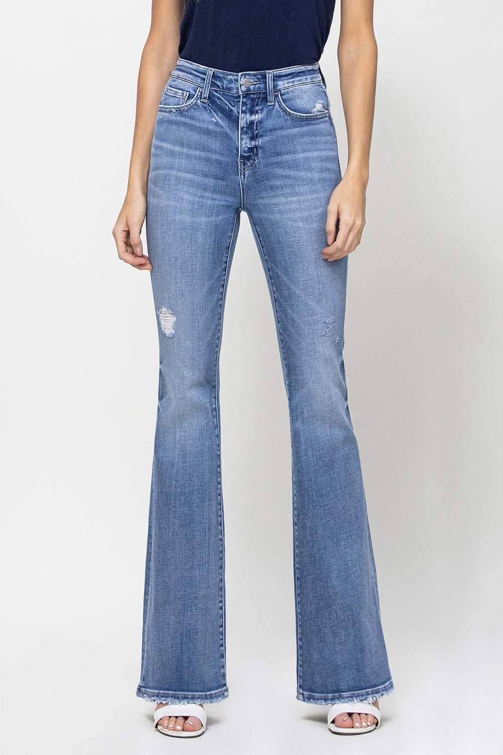 HIGH RISE DISTRESSED FLARE JEANS F4217