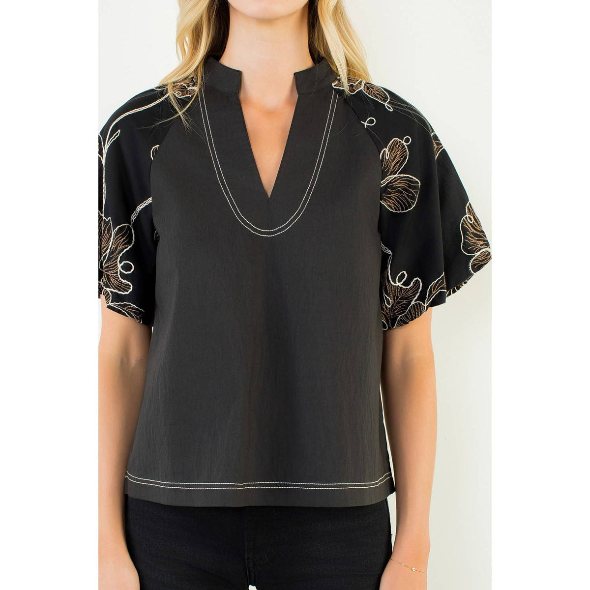 Puff Sleeve With Embroidery Detail Top