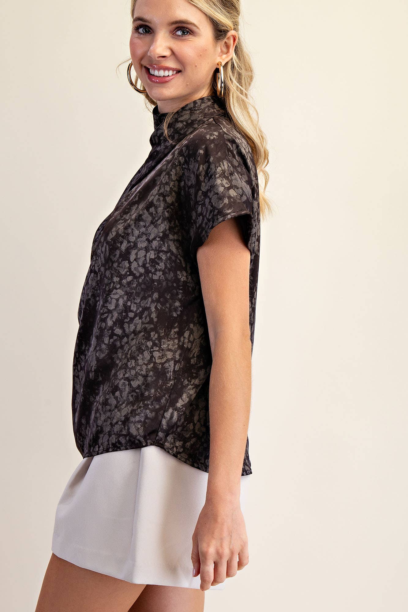 Mandarin Collar Short Sleeve Top